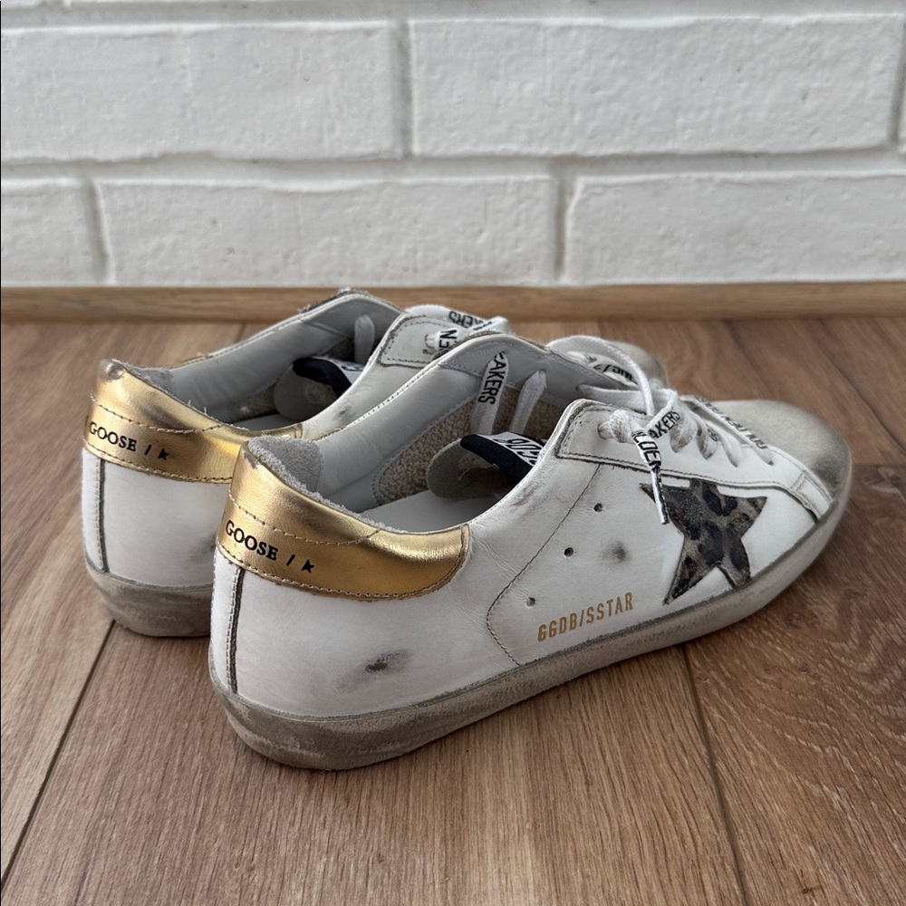 Golden Goose White Sneakers with Gold and Leopard Accents